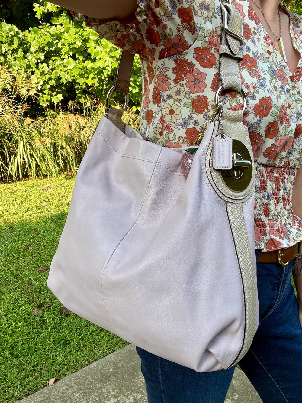 Coach Penelope Lilac Leather Hobo Shoulder Bag Snakeskin Trim